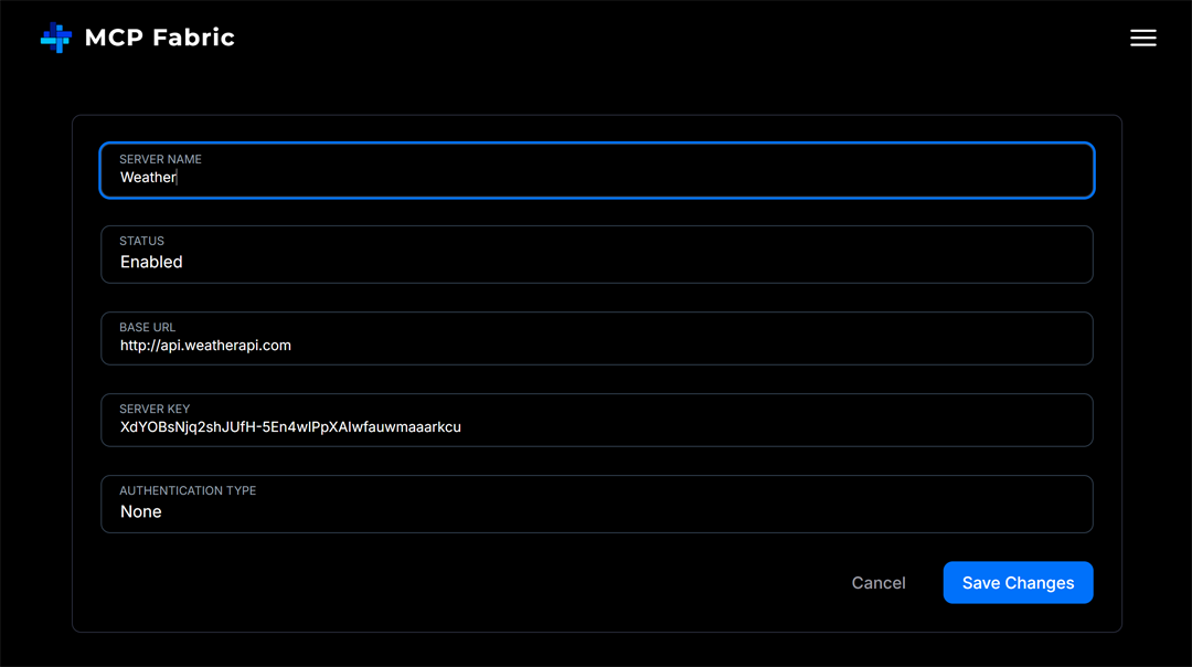 MCP Fabric MCP server configuration example using Weather API.