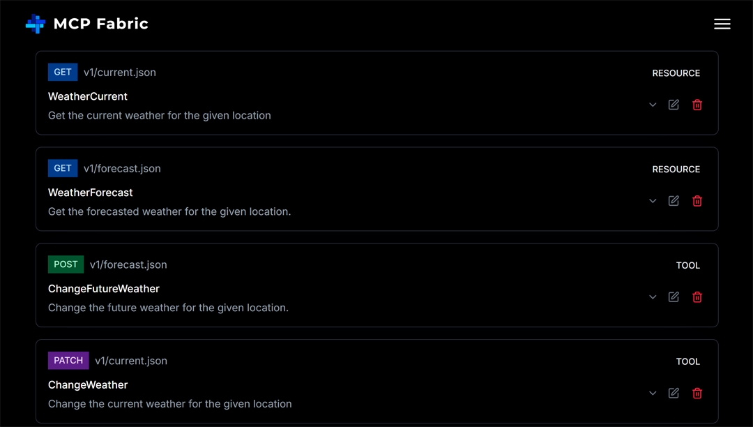 MCP Fabric API route configuration example showing Weather API routes.