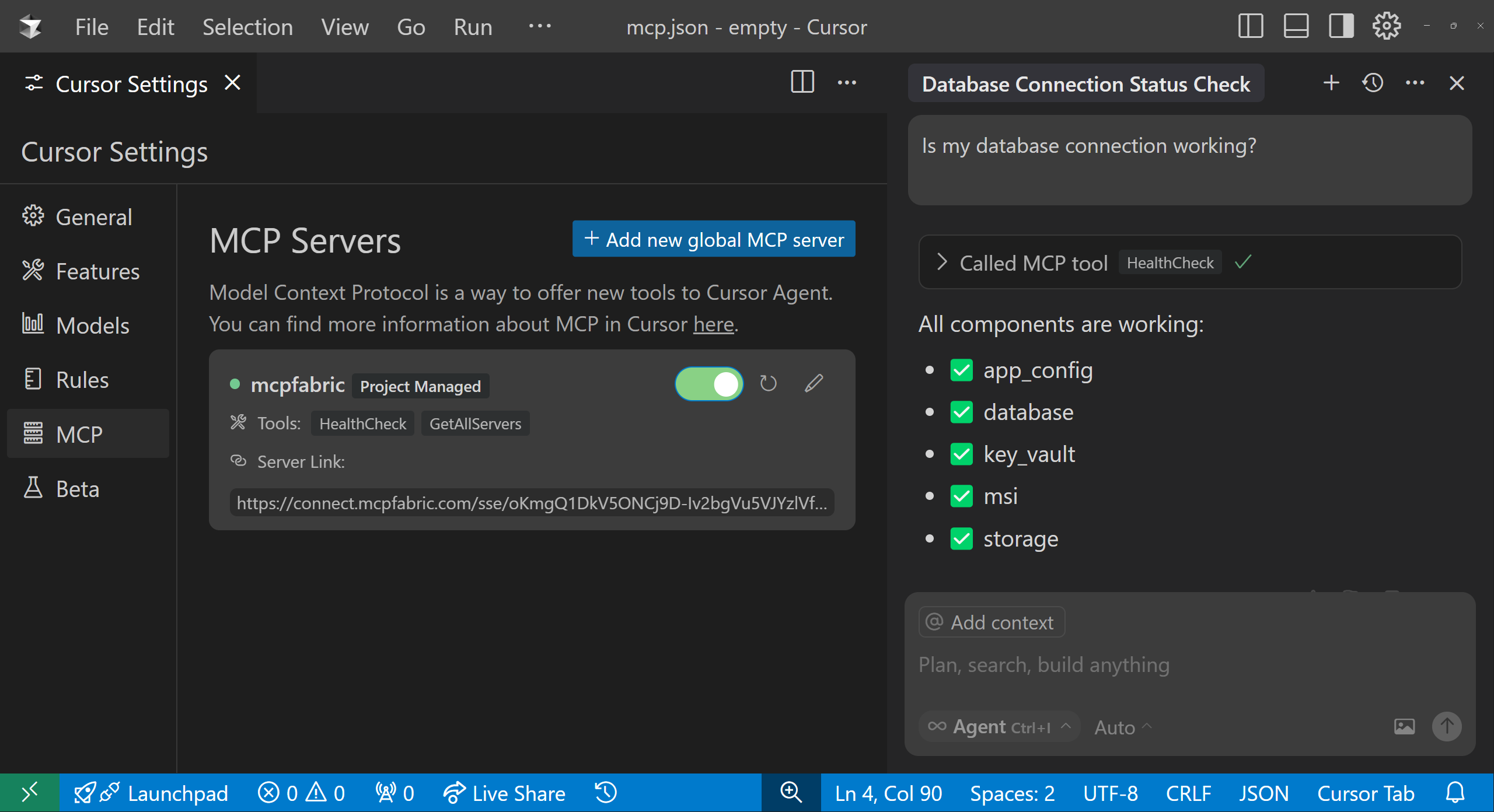 Cursor MCP client configuration example connected to Weather API MCP server.