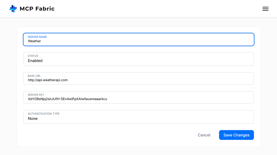 MCP Fabric MCP server configuration example using Weather API.
