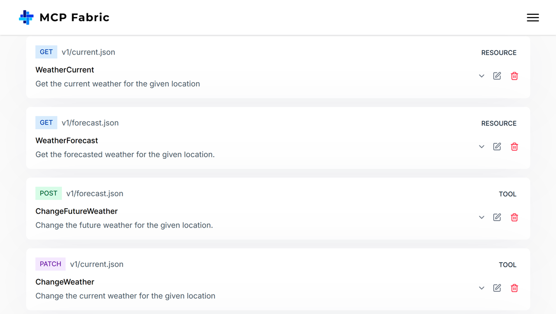 MCP Fabric API route configuration example showing Weather API routes.