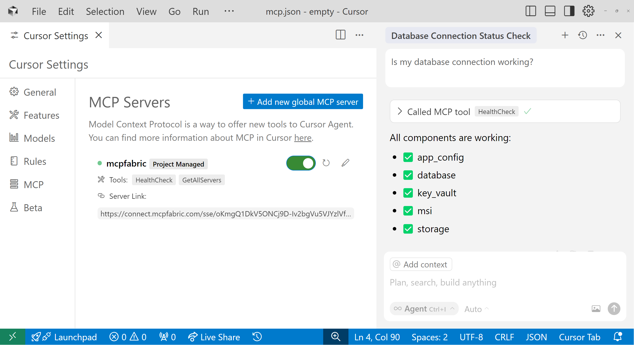 Cursor MCP client configuration example connected to Weather API MCP server.