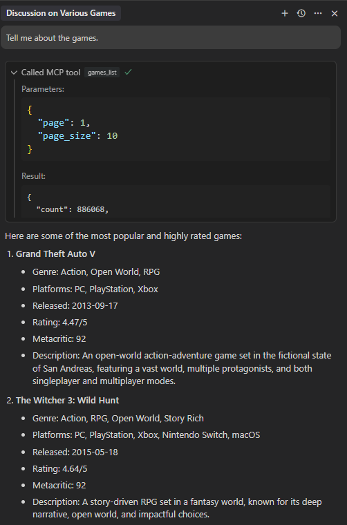 Cursor Agent Mode using MCP Fabric to Call Games API